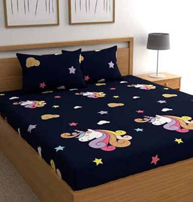 Skytex 150 TC Cotton King Printed Fitted (Elastic) Bedsheet(Pack of 1, Blue)
