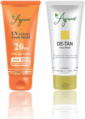 Aysun UV Expert Youth Shield 20SPF Ultra Light Lotion & De_tan Face Wash Combo Pack of 2(2 Items in the set)