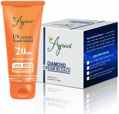 Aysun UV Expert Youth Shield 20SPF Ultra Light Lotion & Diamond Cream Bleach 100gm Combo Pack of 2(2 Items in the set)