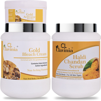 CLAVINIA Gold Bleach Cream With Activator 1 Kg + Haldi & Chandan Scrub 1000 ml ( Pack Of 2)(2 Items in the set) CLAVINIA Gold Bleach Cream With Activator 1 Kg + Haldi & Chandan Scrub 1000 ml ( Pack Of 2)(2 Items in the set)