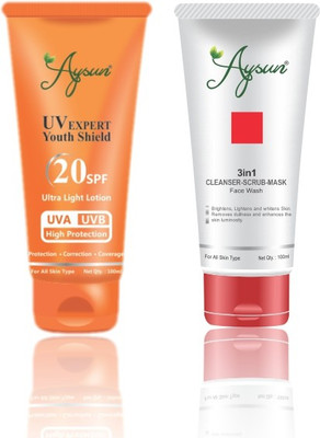 Aysun UV Expert Youth Shield 20SPF Ultra Light Lotion & 3in1 Face Wash Combo Pack of 2(2 Items in the set)