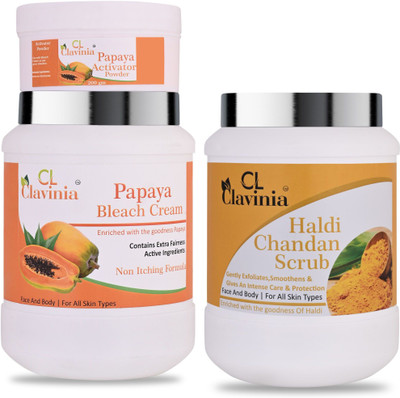 CLAVINIA Papaya Bleach Cream 1 Kg + Haldi & Chandan Scrub 1000 ml ( Pack Of 2)(2 Items in the set)