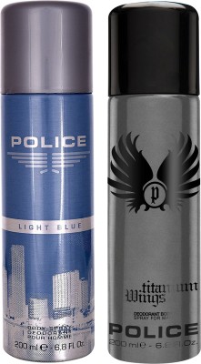 POLICE Light Blue + Wings Titanium Deodorant Spray  -  For Men(400 ml, Pack of 2)