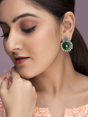 RUBANS Rubans Silver Toned Purple Stone and Green Enamel Pearl Studs Alloy Stud Earring