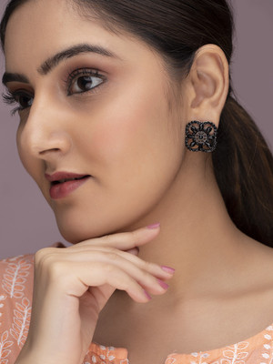 RUBANS Rubans Silver Toned Black Stone Studs Alloy Stud Earring