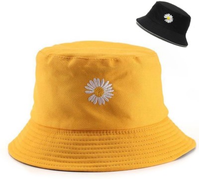 Winity Daisy Sunflower Embroidered Unisex foldable cotton Reversible Bucket Hat(Mustard, Pack of 1)