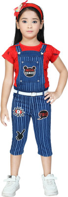 Raven Creation Dungaree For Girls Casual Striped Denim(Blue, Pack of 1)