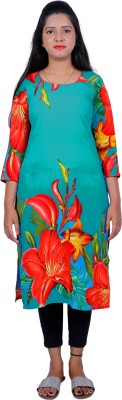 S3 Fashions Women Floral Print Straight Kurta(Blue)