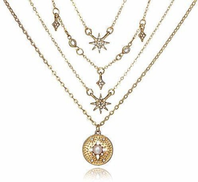 DESTINY JEWEL'S Gold Plated Multi-Layer Stone Décor Star & Round Drop Pendant For Women and Girl Crystal Gold-plated Plated Brass Necklace