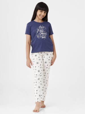 De Moza Girls Printed Blue Top & Pyjama Set