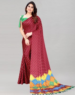 Samah Printed, Geometric Print, Embellished Bandhani Silk Blend Saree(Maroon)