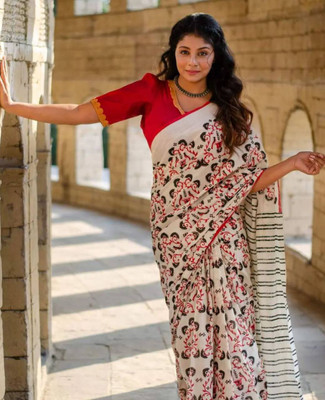 Mervadiya Self Design Kanjivaram Cotton Linen, Linen Saree(White)