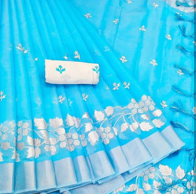 ANKITFASHION Solid/Plain Chanderi Cotton Blend Saree(Blue)