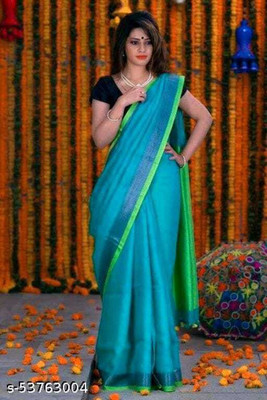 govind handloom Solid/Plain Bollywood Cotton Linen Saree(Blue)