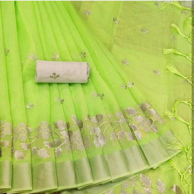 ANKITFASHION Self Design Chanderi Cotton Blend Saree(Green)
