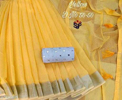 ANKITFASHION Solid/Plain Chanderi Cotton Blend Saree(White, Yellow)