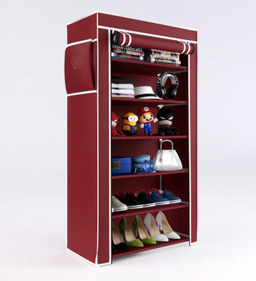 GlowSilk Multipurpose Plastic with Non-Woven 100GSM Fabric Cover Shoe/Cloth/Toy/Book Rack Metal Shoe Stand(Maroon, 6 Shelves, DIY(Do-It-Yourself))