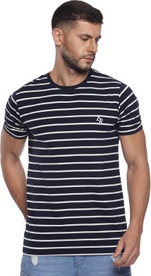 ADRO Striped Men Round Neck Navy Blue T-Shirt
