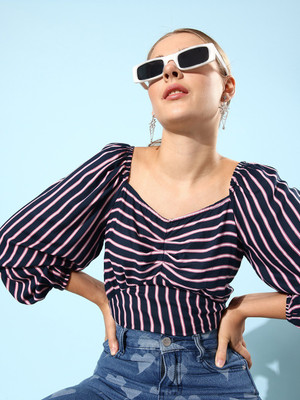 Marie Claire Casual Striped Women Dark Blue Top