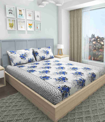 Bunkin 144 TC Microfiber Double Printed Fitted (Elastic) Bedsheet(Pack of 1, White and Blue)