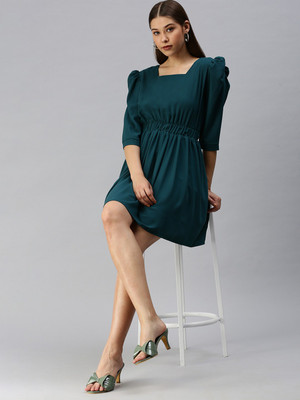 SHOWOFFFF Women A-line Green Above Knee/Mid Thigh Length Dress