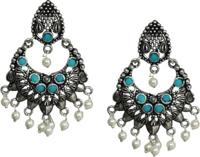 Dishacollection Turquoise Blue Fashion Silver Chandbali Hoop Earrings for Women and Girls German Silver, Stone Chandbali Earring