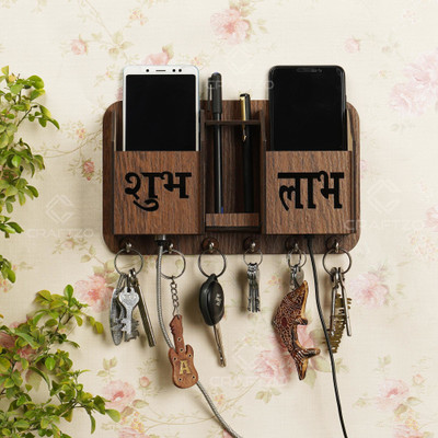 Kaynka Premium Double Phone Stand With Key Holder / Key Holder for Wall/Key Organizor Wood Key Holder(6 Hooks, Brown)