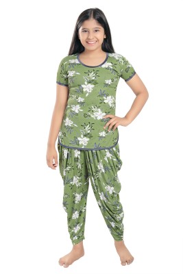 TUCUTE Kids Nightwear Girls Printed Silk Blend(Green Pack of 1)