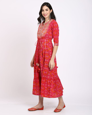 Rajnandini Women Embroidered A-line Kurta(Red)