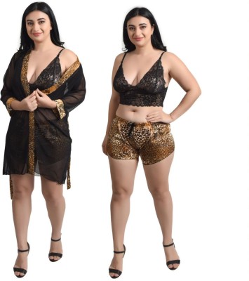 Fetify Women Robe and Lingerie Set(Gold, Black)