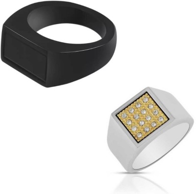 Bellina Silver Plated Designer Ring And Black Studded Ring Combo For Boys And Men Alloy Ring Set