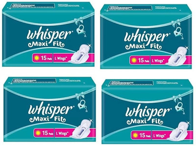 Whisper Maxi Fit (Large With Wings), 15+15+15+15 Pieces Pack Sanitary Pad (Pack of 4)