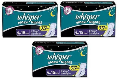 Whisper Maxi Night Sanitary Pads, XL – 15+15+15 Counts (Pack of 3) Sanitary Pad (Pack of 45)
