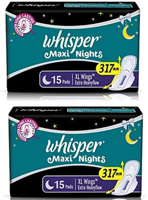 Whisper Maxi Night Sanitary Pads, XL – 15+15 Counts (Pack of 1) Sanitary Pad (Pack of 30)