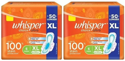 Whisper Choice Ultra Sanitary Pads XL – 6+6 Counts Sanitary Pad (Pack of 2)