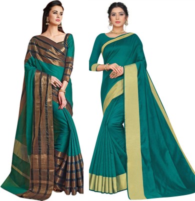 BAPS Self Design, Striped, Woven, Embellished, Solid/Plain Bollywood Cotton Blend, Art Silk Saree(Pack of 2, Dark Green, Gold)