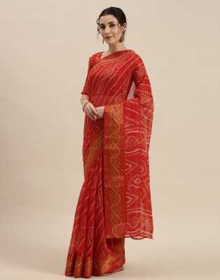 Samah Printed, Geometric Print, Embellished Bandhani Cotton Silk Saree(Red, White)
