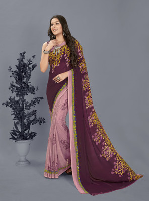 Anand Sarees Floral Print Bollywood Georgette Saree(Purple, Beige)