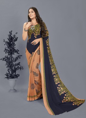 Anand Sarees Floral Print Daily Wear Georgette Saree(Blue, Beige)