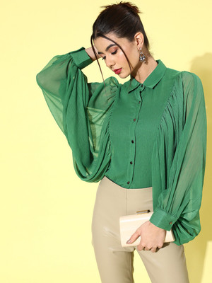KASSUALLY Women Solid Casual Green Shirt