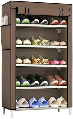 GlowSilk Multipurpose Plastic with Non-Woven 100GSM Fabric Cover Shoe/Cloth/Toy/Book Rack Metal Shoe Stand(Brown, 5 Shelves, DIY(Do-It-Yourself))