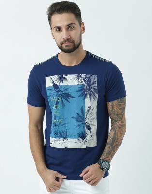 HUETRAP Graphic Print Men Round Neck Navy Blue T-Shirt