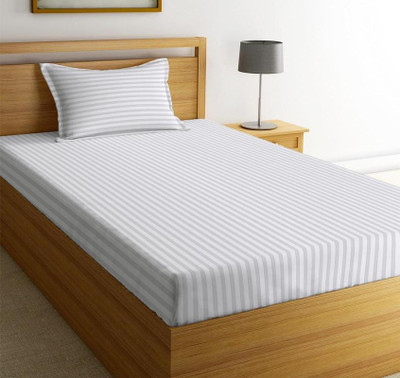 New leaf 220 TC Cotton Single Striped Fitted (Elastic) Bedsheet(Pack of 1, White)