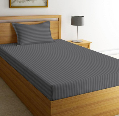 New leaf 220 TC Cotton Single Striped Fitted (Elastic) Bedsheet(Pack of 1, Grey)