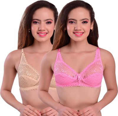 FIMS Women Cotton Lycra Net Bra, Full Coverage Bra, Bralette Pack of 2 Women T-Shirt Non Padded Bra(Beige, Pink)