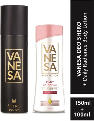 VANESA Shero Deodorant For Women & Body Lotion With Shea Butter & SPF 15(150ml+100ml) Deodorant Spray  -  For Women(350 ml, Pack of 2)