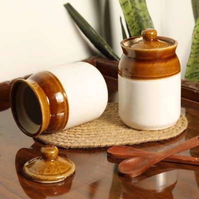 Jimkia Ceramic Pickle Jar  - 300 ml(Pack of 2, White, Brown)