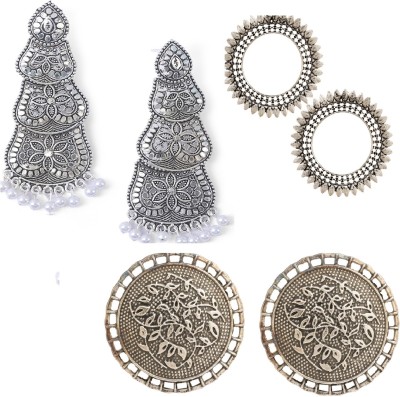 Zoey Combo 0f 3 Oxydised-Silver Drop Down & Studs Earrings for Women Pearl German Silver Earring Set