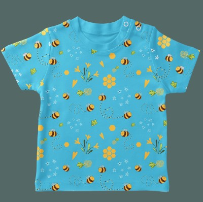 Mojua Baby Boys & Baby Girls Printed Pure Cotton T Shirt(Light Blue, Pack of 1)