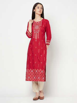 CANTABIL Women Printed Straight Kurta(Red)
